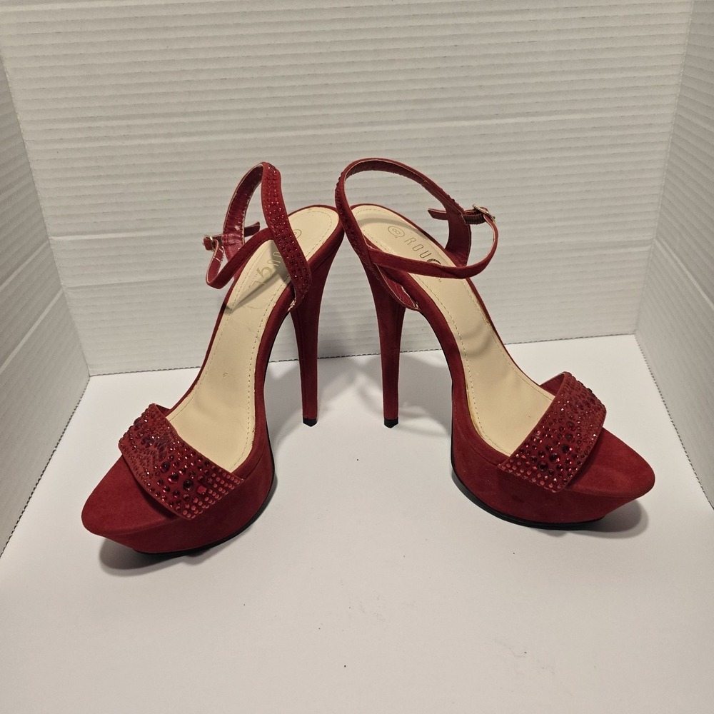Rouge Helium Red Rhinestone Platform Sandals Stiletto High Heels Womens Size 8 - Picture 2 of 7